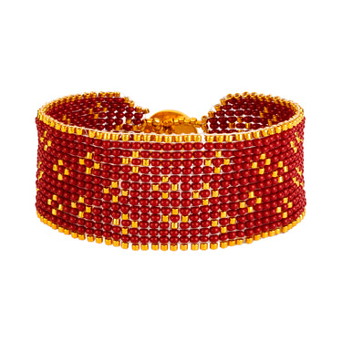 Brazalete Telar Dorado Medio Miniflor Rojo